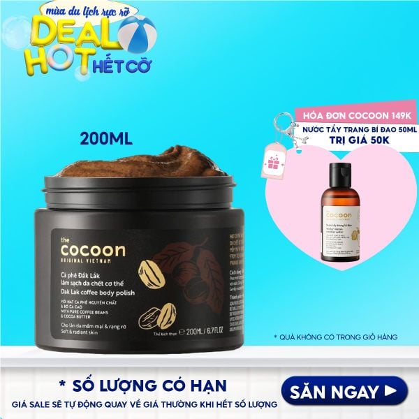 [200ml] Tẩy Da Chết Body Làm Đều Màu Da Và Dưỡng Mịn Da Chiết Xuất Cà Phê Dak Lak, Đường Thốt Nốt An Giang Cocoon Body Polish