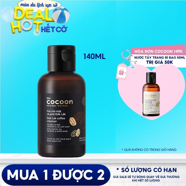 Gel Rửa Mặt Làm Sạch Dịu Nhẹ Chiết Xuất Cà Phê Đắk Lắk Giúp Da Tươi Sáng, Đều Màu Cocoon Dak Lak Coffee Cleanser 140ml