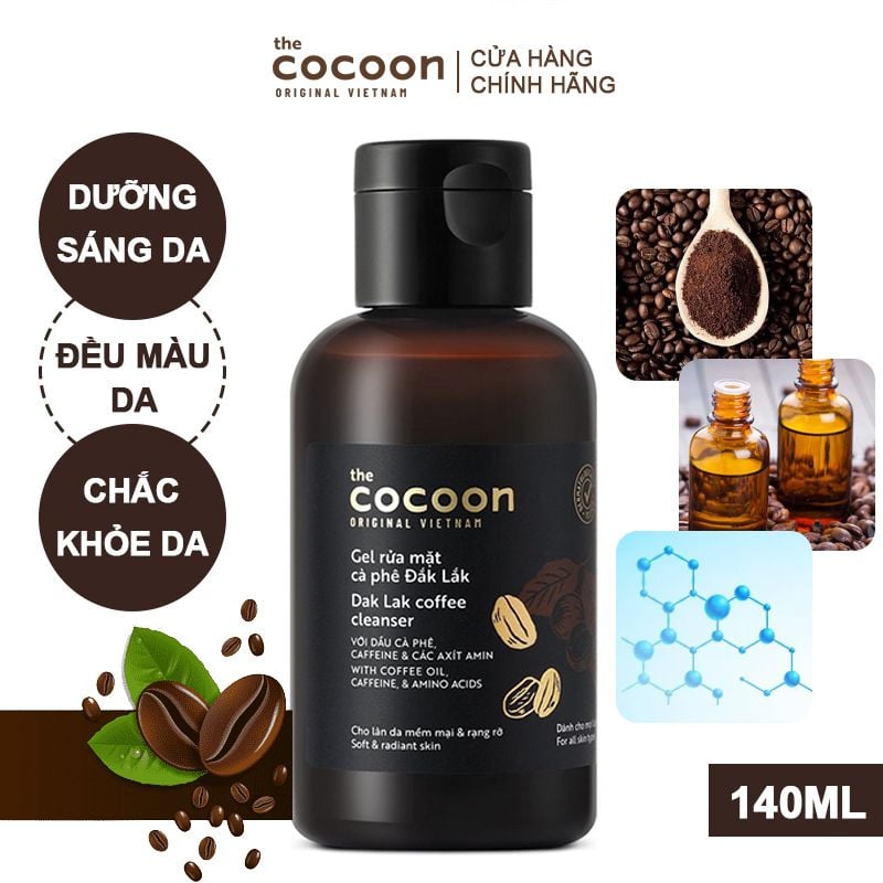 Gel Rửa Mặt Cocoon Làm Sạch Dịu Nhẹ Chiết Xuất Cà Phê Đắk Lắk Giúp Da Tươi Sáng, Đều Màu Dak Lak Coffee Cleanser 140ml