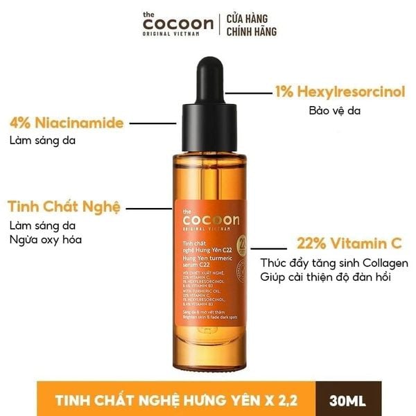  Serum Cocoon Hỗ Trợ Làm Sáng, Mờ Thâm Chiết Xuất Nghệ Hưng Yên Cocoon Hung Yen Turmeric Serum c22 Vitamin C 30ml 