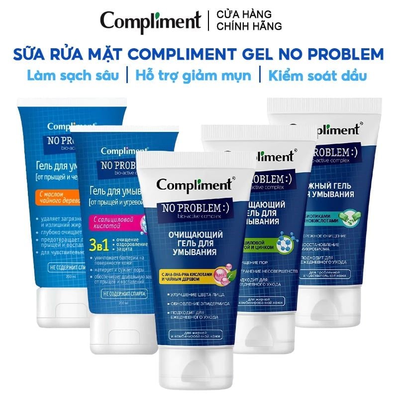 Sữa Rửa Mặt Compliment Làm Sạch Sâu, Hỗ Trợ Giảm Mụn Gel No Problem 200ml