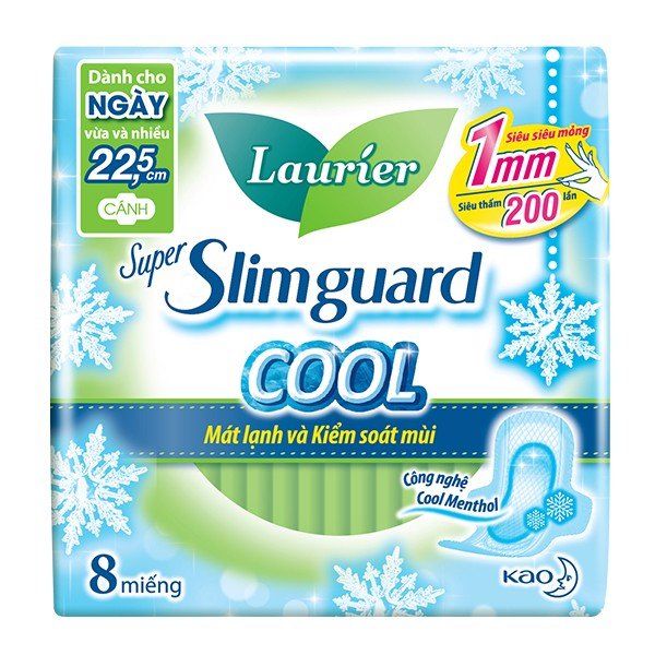 [Tặng Kèm 2 Miếng] Băng Vệ Sinh Siêu Mỏng Có Cánh Mát Lạnh Laurier Super Slimguard Cool 22.5cm - 8 Miếng (Che tên sản phẩm khi giao hàng)