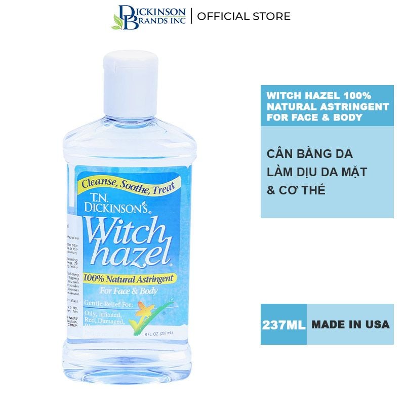 Nước Hoa Hồng Dickinson's Cân bằng, Làm Dịu Cho Da Mặt Và Cơ Thể Witch Hazel 100% Natural Astringent For Face & Body 237ml