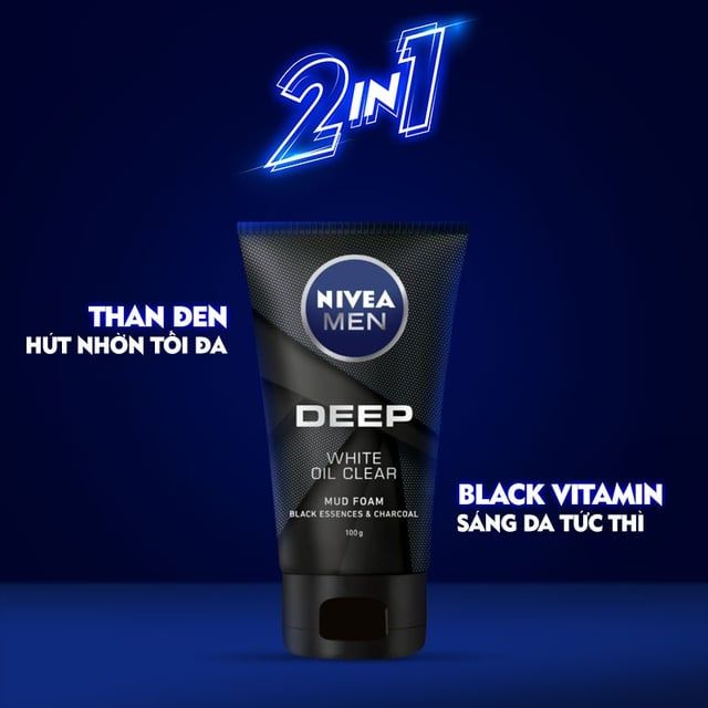 Sửa Rửa Mặt Than Hoạt Tính Làm Sạch Sâu Nivea Men Deep Brightening Oil Clear + Detox Mud Foam 100g