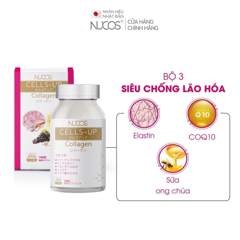 [ Hộp 180 Viên] Viên Uống Collagen Nhật Bản Da Ẩm Mịn Tươi Trẻ, Ngăn Ngừa Lão Hóa Nucos Cell Up Collagen