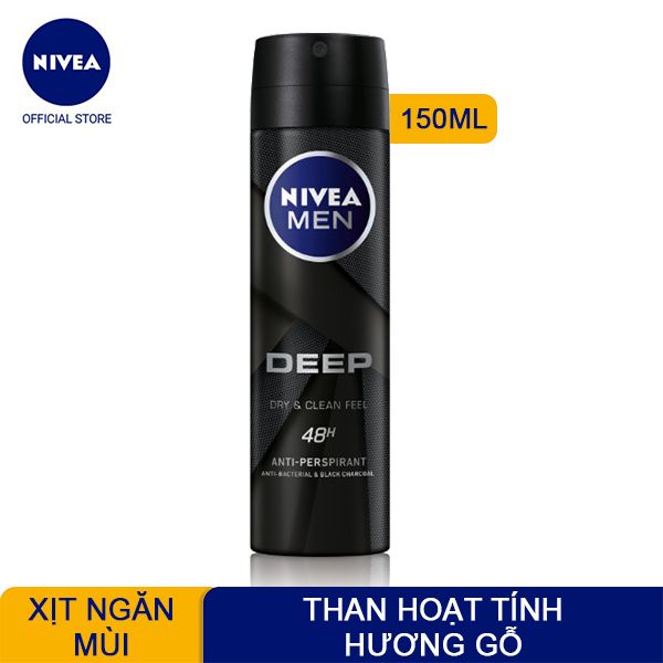 Xịt Ngăn Mùi Than Hoạt Tính Nivea Men Deep Dry & Clean Feel Anti-Perspirant Spray 150ml