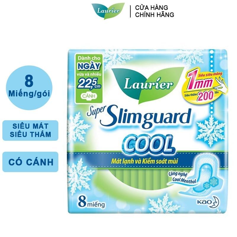 [Tặng Kèm 2 Miếng] Băng Vệ Sinh Siêu Mỏng Có Cánh Mát Lạnh Laurier Super Slimguard Cool 22.5cm - 8 Miếng (Che tên sản phẩm khi giao hàng)