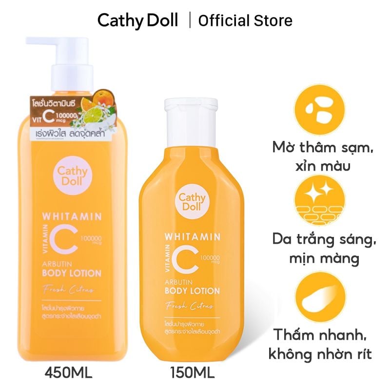 Sữa Dưỡng Thể Cathy Doll Trắng Da, Giảm Thâm Sạm & Xỉn Màu Whitamin Vitamin C Arbutin Body Lotion Fresh Citrus 150ml