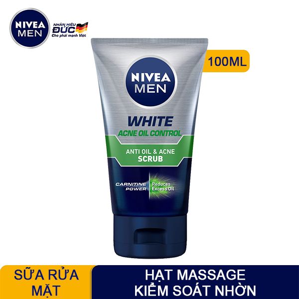 Sữa Rửa Mặt Chứa Hạt Massage Kiểm Soát Nhờn Nivea Men White Acne Oil Cotrol Anti Oil & Acne Scrub 100g