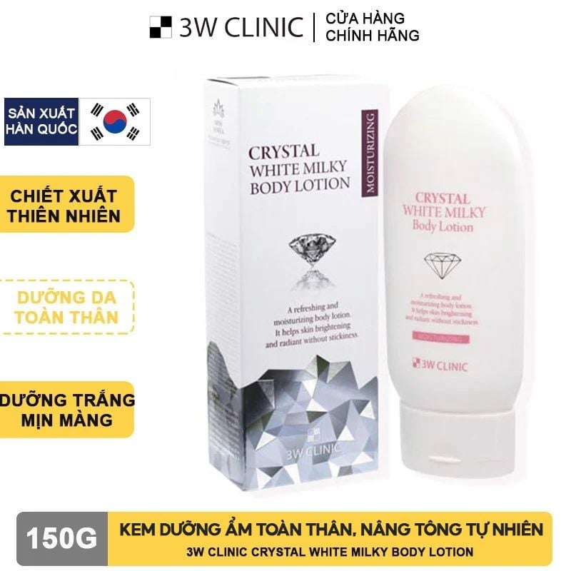 Kem Dưỡng Ẩm Toàn Thân, Nâng Tông Tự Nhiên 3W Clinic Crystal White Milky Body Lotion 150g