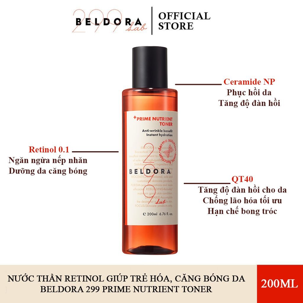 Nước Hoa Hồng Retinol Giúp Đàn Hồi, Căng Mịn Da Beldora 299 Prime Nutrient Toner 200ml