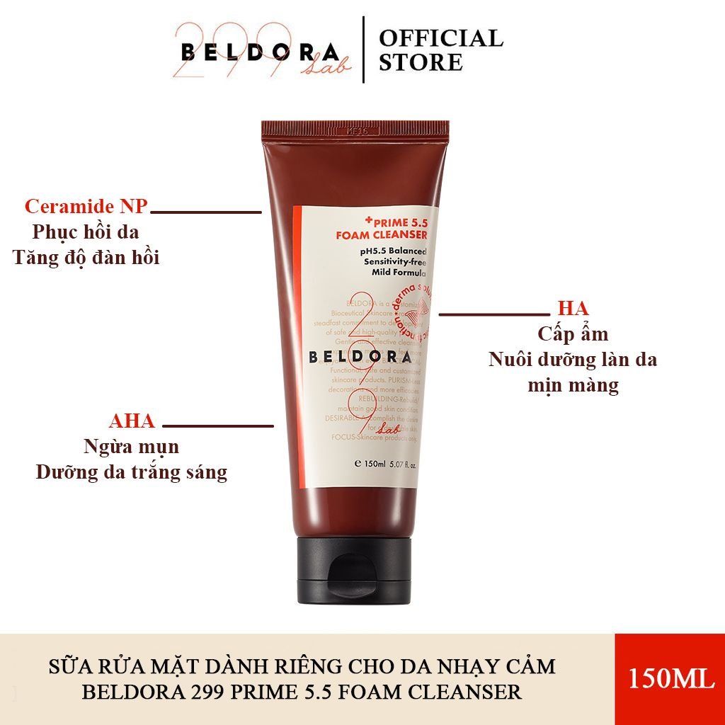 Sữa Rửa Mặt Dành Cho Da Nhạy Cảm Beldora 299 Prime 5.5 Foam Cleanser 150ml (date 6/2024)