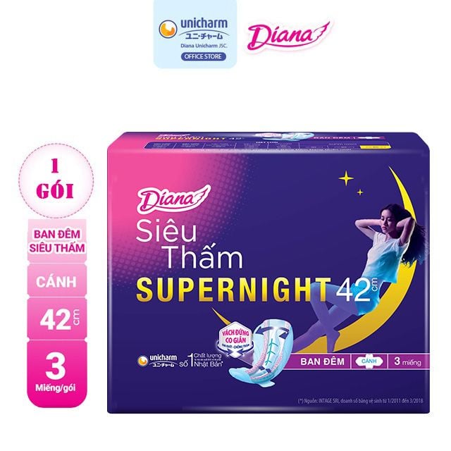 Băng Vệ Sinh Diana Siêu Thấm Super Night Có Cánh 42cm - Hộp 3 Miếng (Che tên sản phẩm khi giao hàng)