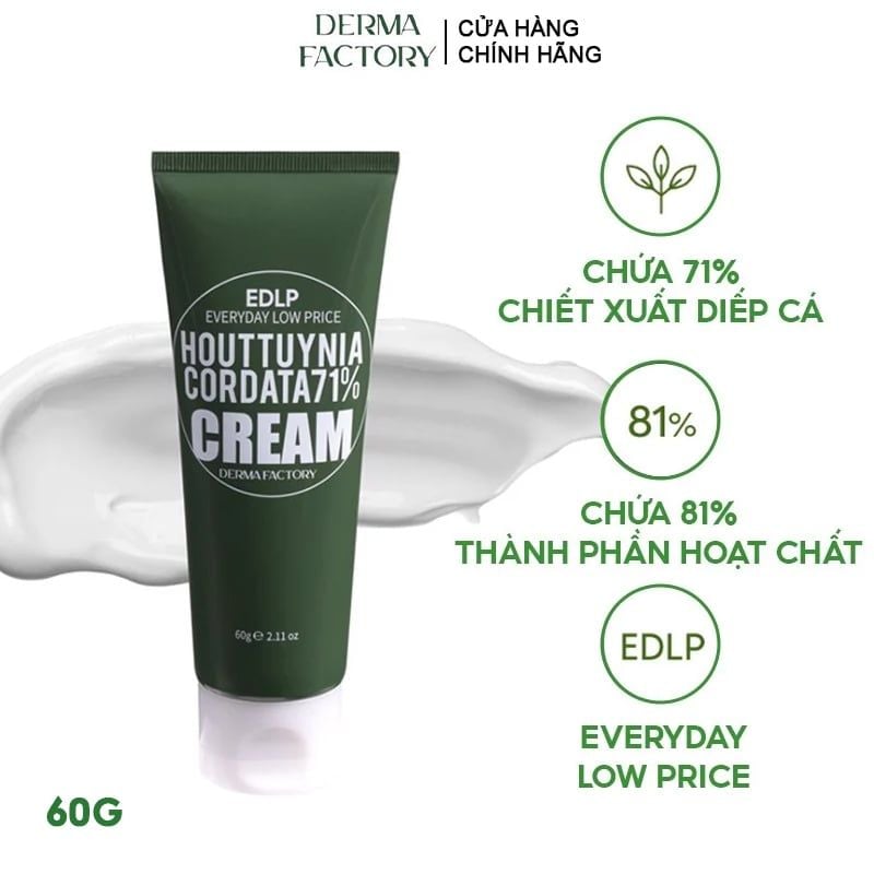 Kem Dưỡng Ẩm, Làm Dịu Da Chiết Xuất Diếp Cá Derma Factory Edlp Houttuynia Cordata 71% Cream 60g