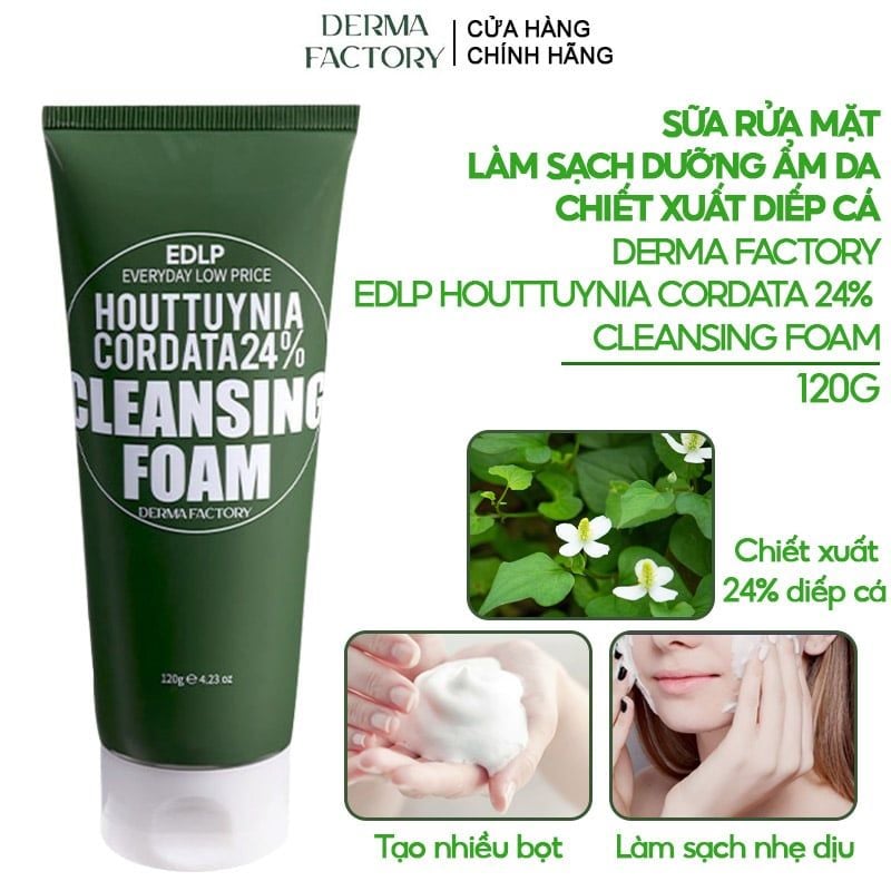 Sữa Rửa Mặt Derma Factory Làm Sạch Dịu Nhẹ Chiết Xuất Diếp Cá EDLP Houttuynia Cordata 24% Cleansing Foam 120g