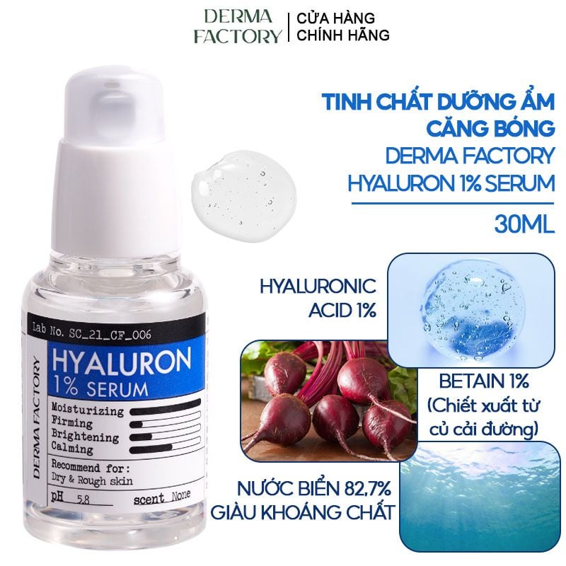 Serum Derma Factory Dưỡng Ẩm, Căng Bóng Hyaluron 1% Serum 30ml