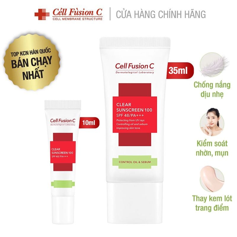 Kem Chống Nắng  Cell Fusion C Giảm Mụn, Kiềm Dầu, Loại Bỏ Tế Bào Chết Clear Sunscreen 100 SPF48/PA+++ 35ml