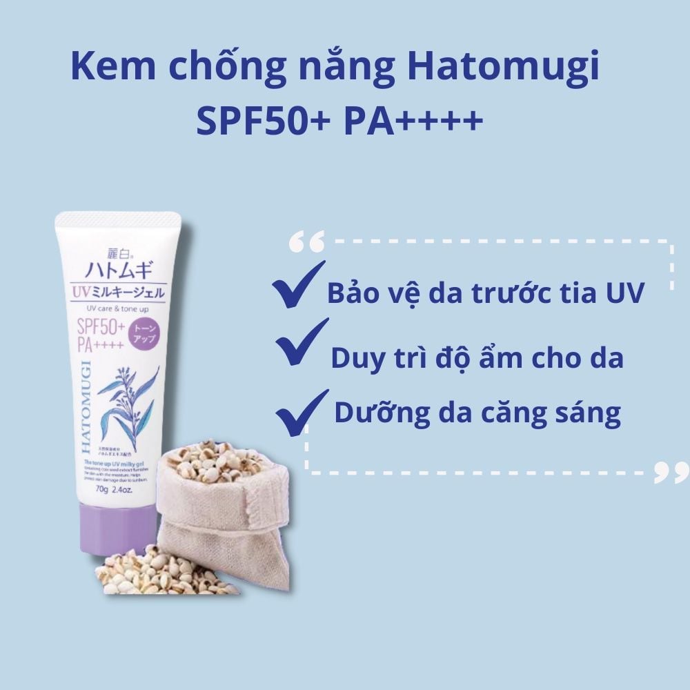 Kem Chống Nắng Hatomugi Nâng Tone Dưỡng Ẩm, Hỗ Trợ Làm Sáng Da The Tone Up UV Milky Gel SPF50+ PA++++ 70g