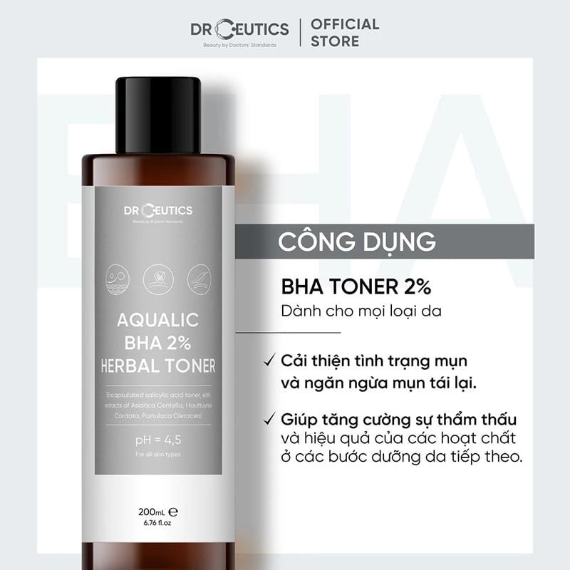 Nước Cân Bằng DrCeutics Làm Dịu Da, Hỗ Trợ Giảm Mụn Aqualic BHA 2% Herbal Toner 100ml