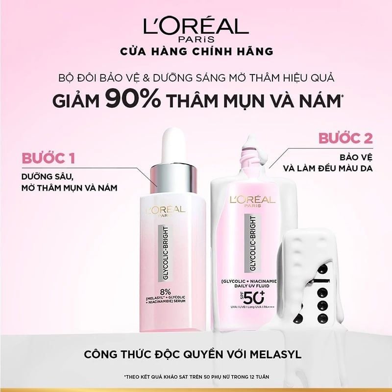 Sữa Chống Nắng Phổ Rộng L'oreal Mỏng Nhẹ, Hỗ Trợ Dưỡng Sáng, Giảm Mờ Thâm Nám Glycolic-Bright Anti-Dark Spot Daily Uv Fluid SPF 50+/PA++++ 50ml
