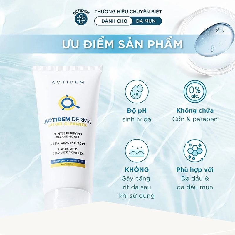 Gel Rửa Mặt Actidem Dành Cho Da Dầu Mụn Derma pH Gel Cleanser 150ml