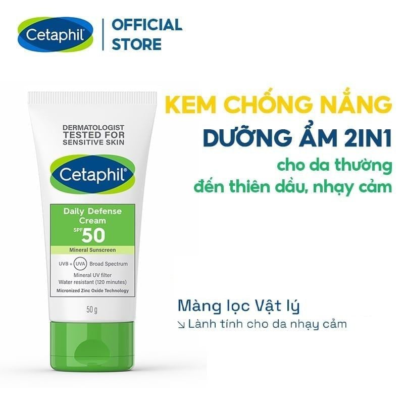 Kem Chống Nắng Cetaphil Dưỡng Ẩm 2in1 Cho Da Thiên Dầu, Nhạy Cảm Daily Defense Cream SPF50 UVB+UVA 50g