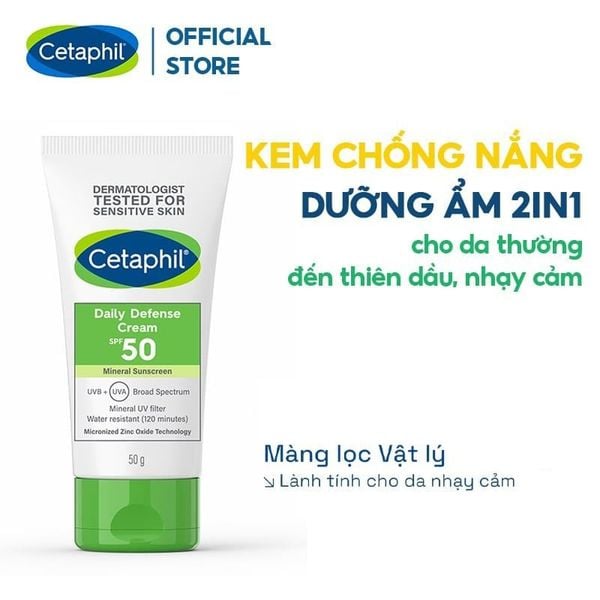  Kem Chống Nắng Cetaphil Dưỡng Ẩm 2in1 Cho Da Thiên Dầu, Nhạy Cảm Daily Defense Cream SPF50 UVB+UVA 50g 