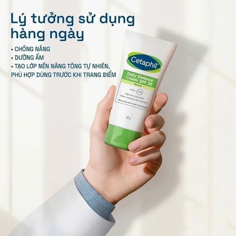 Kem Chống Nắng Cetaphil Dưỡng Ẩm 2in1 Cho Da Thiên Dầu, Nhạy Cảm Daily Defense Cream SPF50 UVB+UVA 50g