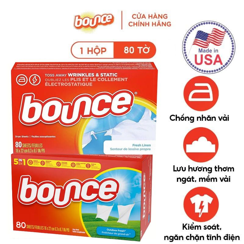 Giấy Thơm Quần Áo Sảng Khoái, Tươi Mát Chống Nhăn Vải Bounce Sheets 80 Tờ