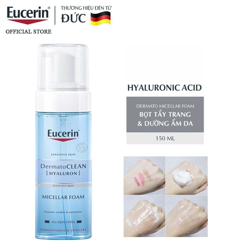 Bọt Tẩy Trang Eucerin Làm Sạch Sâu, Cấp Ẩm Sensitive Skin Dermatoclean Hyaluron Micellar Foam 150ml