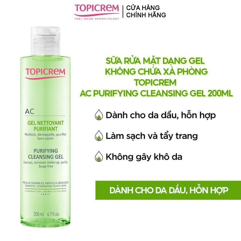 Sữa Rửa Mặt Dạng Gel Topicrem Dành Cho Da Dầu, Hỗn Hợp AC Purifying Cleansing Gel 200ml