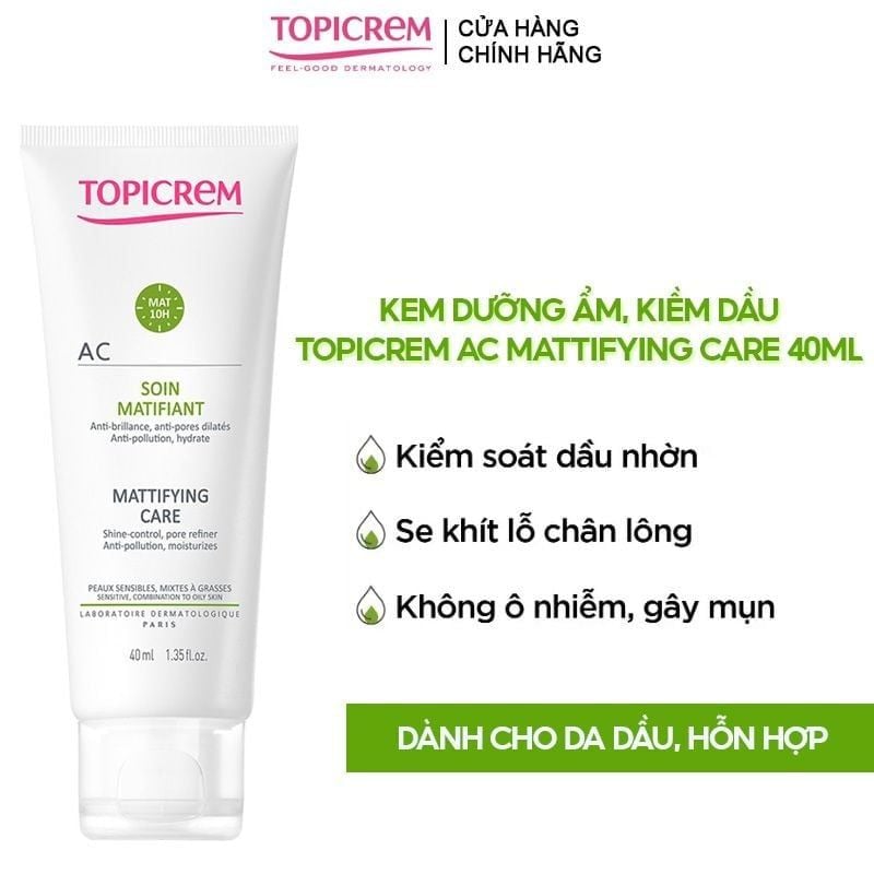 Kem Dưỡng Ẩm, Kiềm Dầu, Giảm Bóng Nhờn Cho Da Mụn Topicrem AC Mattifying Care 40ml