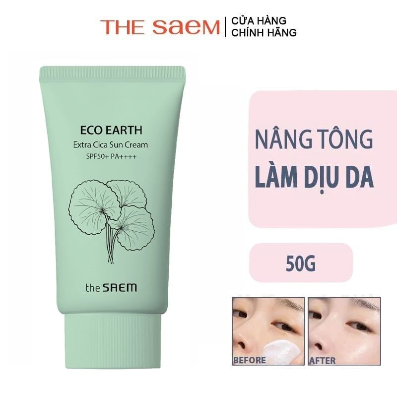Kem Chống Nắng The Saem Nâng Tông, Cân Bằng Ẩm, Chiết Xuất Rau Má Eco Earth Extra Cica Sun Cream SPF50+/PA++++ 50g
