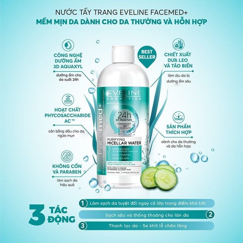 Nước Tẩy Trang Eveline Làm Sạch, Dưỡng Ẩm Da Facemed+ Micellar Water 400ml