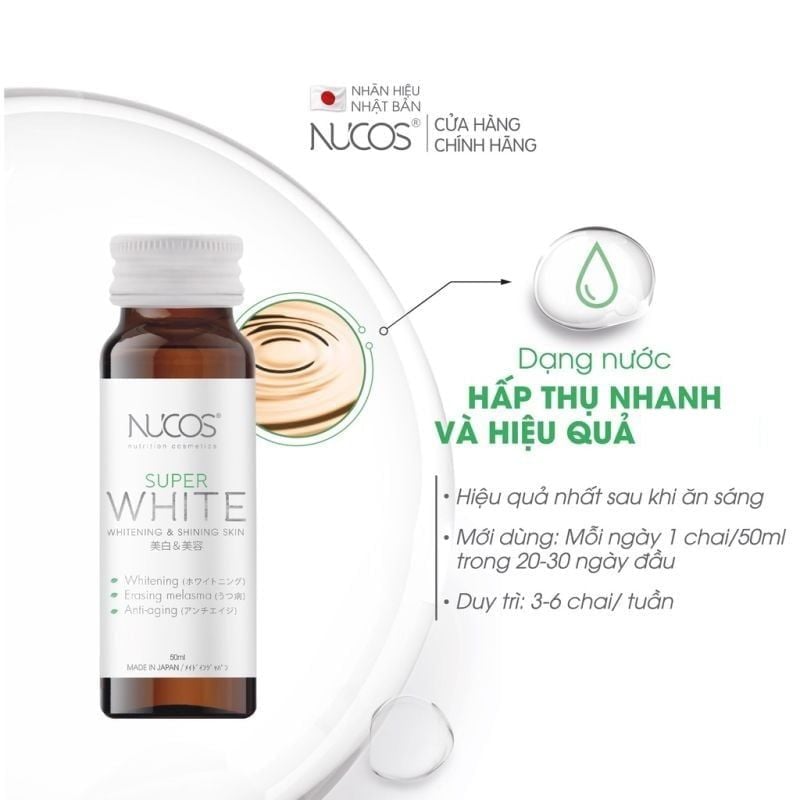 [Tặng kèm 2 chai] [Hộp 10 chai] Nước Uống Nucos Trắng Da, Mờ Thâm Nám Nhật Bản Super White Whitening & Shining Skin