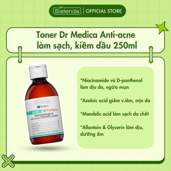  Nước Hoa Hồng Bielenda Làm Sạch Sâu, Hỗ Trợ Giảm Mụn, Phục Hồi Da Toner Dr Medica Anti Acne Dermatological 250ml 