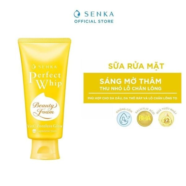 Sữa Rửa Mặt Senka Chứa BHA, Hỗ Trợ Dưỡng Trắng, Mờ Thâm Perfect Whip VitC Poreless Glow 100g 