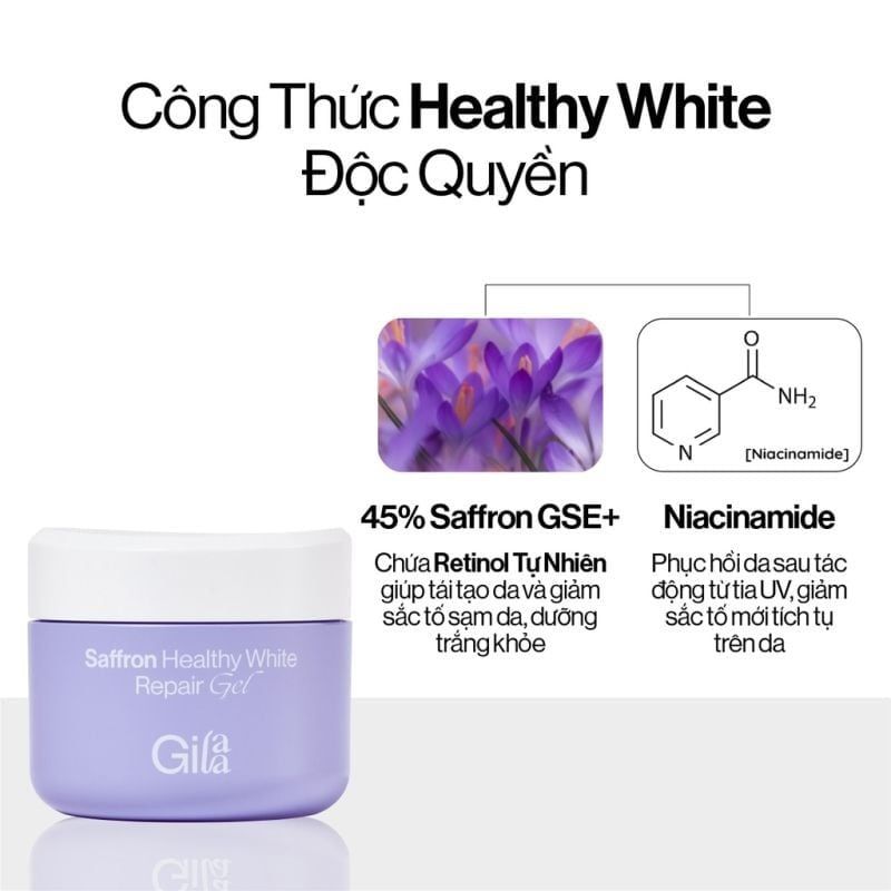 Kem Dưỡng Gilaa Hỗ Trợ Dưỡng Trắng Da, Phục Hồi Da Chiết Xuất Nhụy Hoa Nghệ Tây Saffron Healthy White Repair Gel 50ml