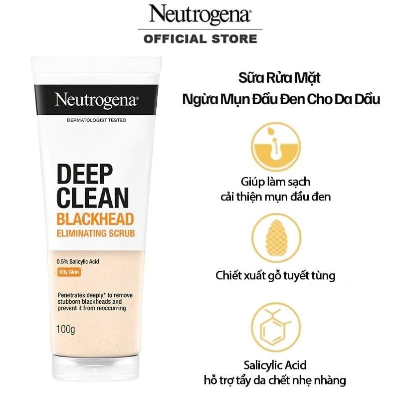 Sữa Rửa Mặt Tẩy Tế Bào Chết Neutrogena Hỗ Trợ Giảm Mụn Đầu Đen Deep Clean Blackhead Eliminating Daily Scrub 100g