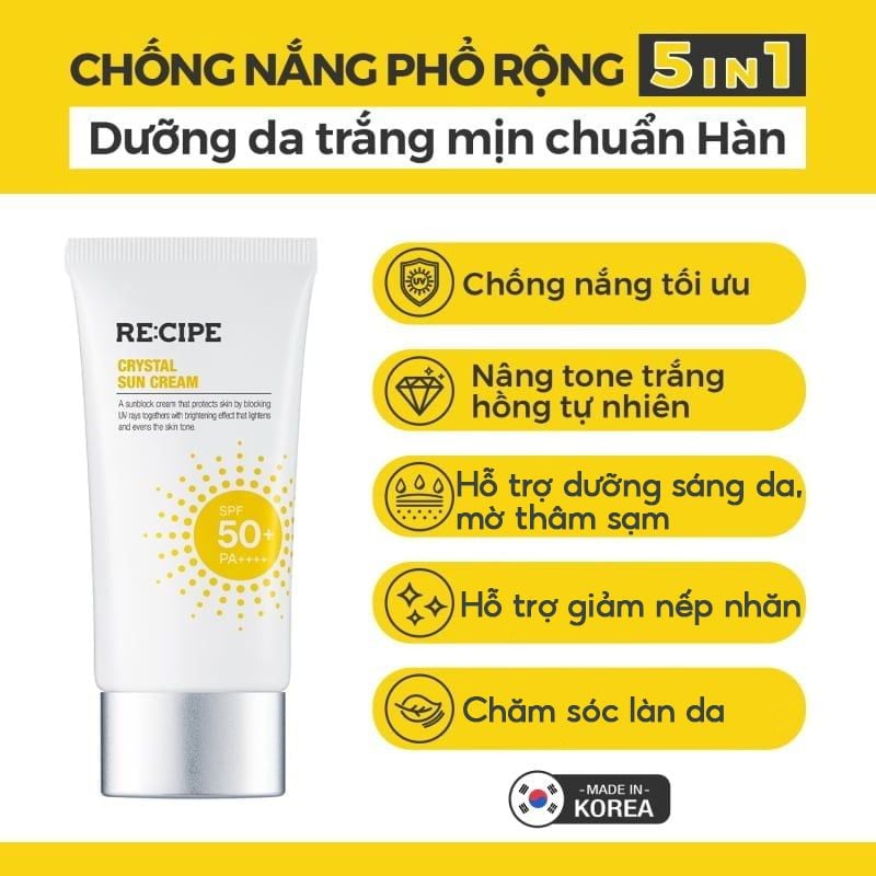 Kem Chống Nắng Re:cipe Nâng Tone Crystal Sun Cream SPF50+/PA++++ 50ml