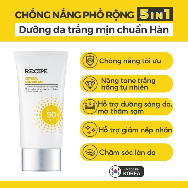 Kem Chống Nắng Nâng Tone, Ngăn Ngừa Lão Hóa Re:cipe Crystal Sun Cream SPF50+/PA++++ 50ml