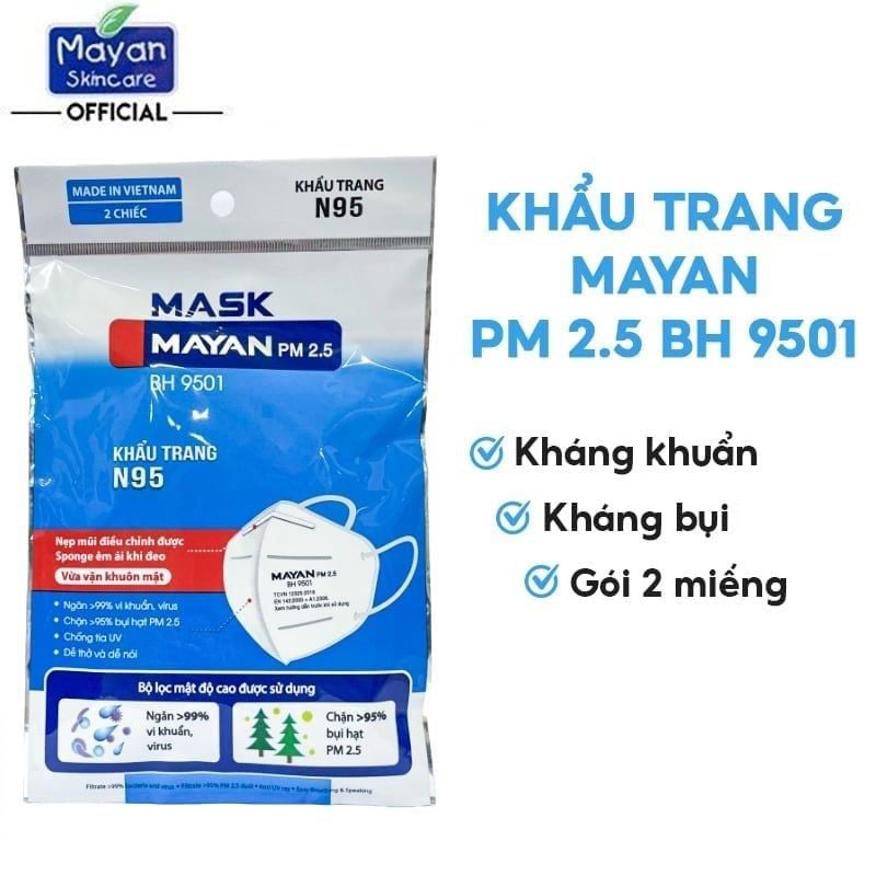 [Túi 2 Cái] Khẩu Trang Kháng Khuẩn Mayan PM 2.5 BH 9501