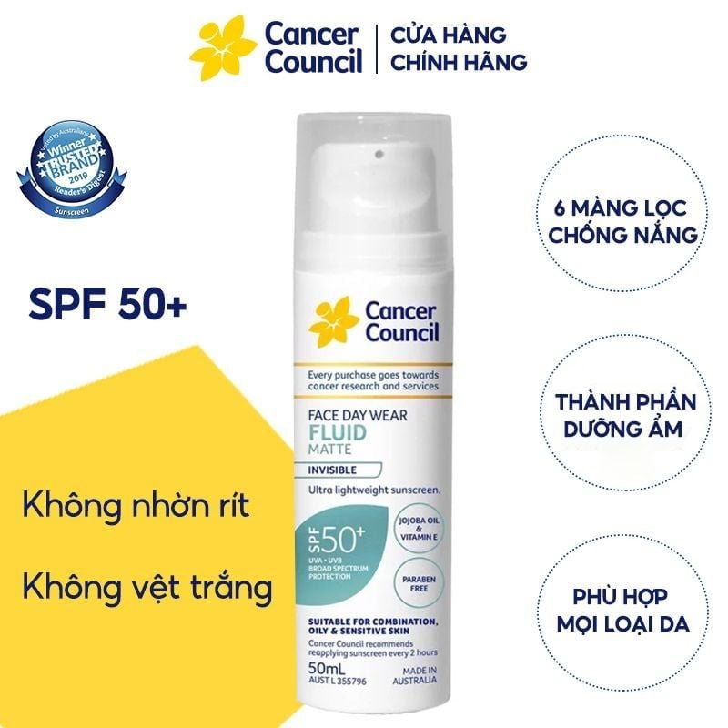 Kem Chống Nắng Lành Tính, Dành Cho Da Nhạy Cảm & Treatment Cancer Council Face Day Wear Fluid Matte SPF50+ 50ml