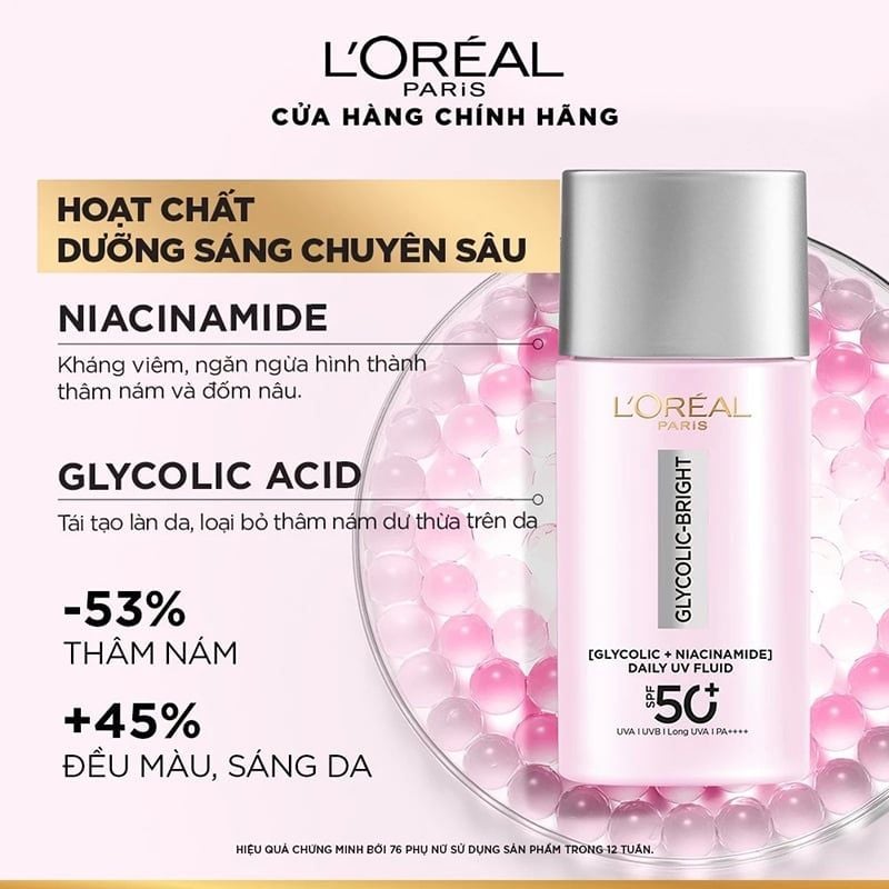 Sữa Chống Nắng Phổ Rộng L'oreal Mỏng Nhẹ, Hỗ Trợ Dưỡng Sáng, Giảm Mờ Thâm Nám Glycolic-Bright Anti-Dark Spot Daily Uv Fluid SPF 50+/PA++++ 50ml