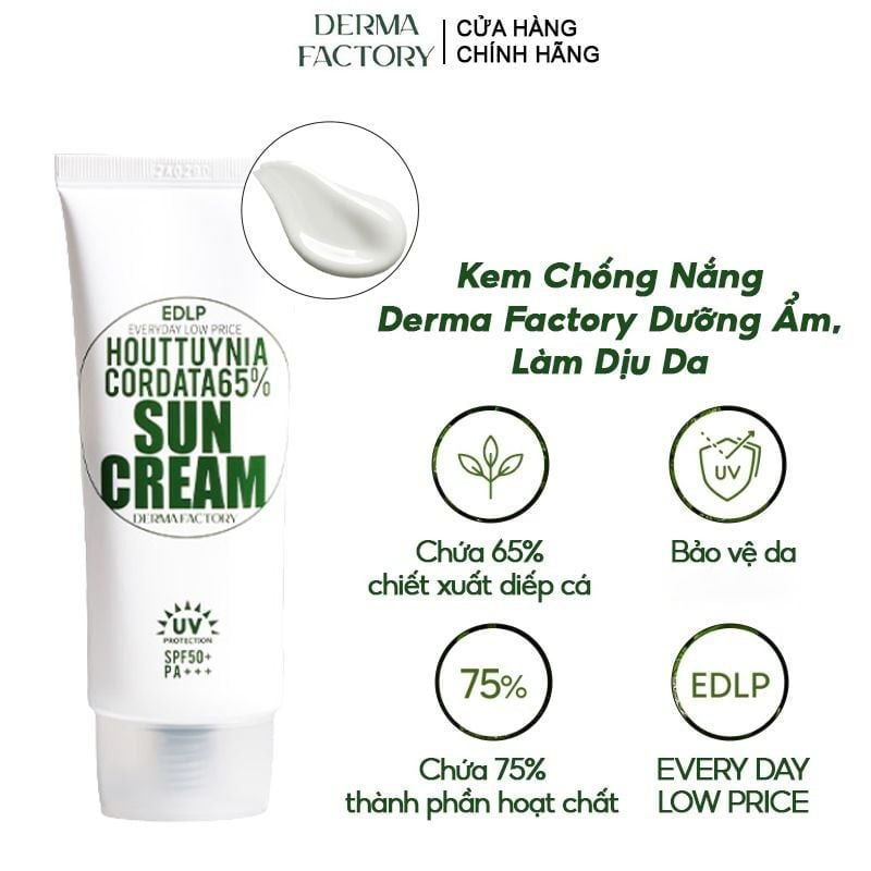 Kem Chống Nắng Derma Factory Dưỡng Ẩm, Làm Dịu Da EDLP Houttuynia Cordata 65% Suncream SPF50+/PA+++ 50g