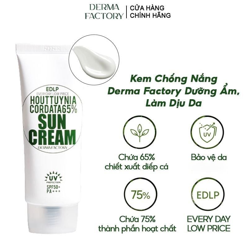 Kem Chống Nắng Dưỡng Ẩm, Làm Dịu Da Derma Factory EDLP Houttuynia Cordata 65% Suncream SPF50+/PA+++ 50g