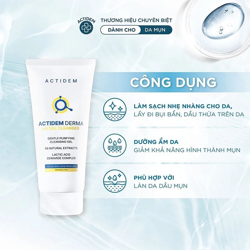 Gel Rửa Mặt Actidem Dành Cho Da Dầu Mụn Derma pH Gel Cleanser 150ml