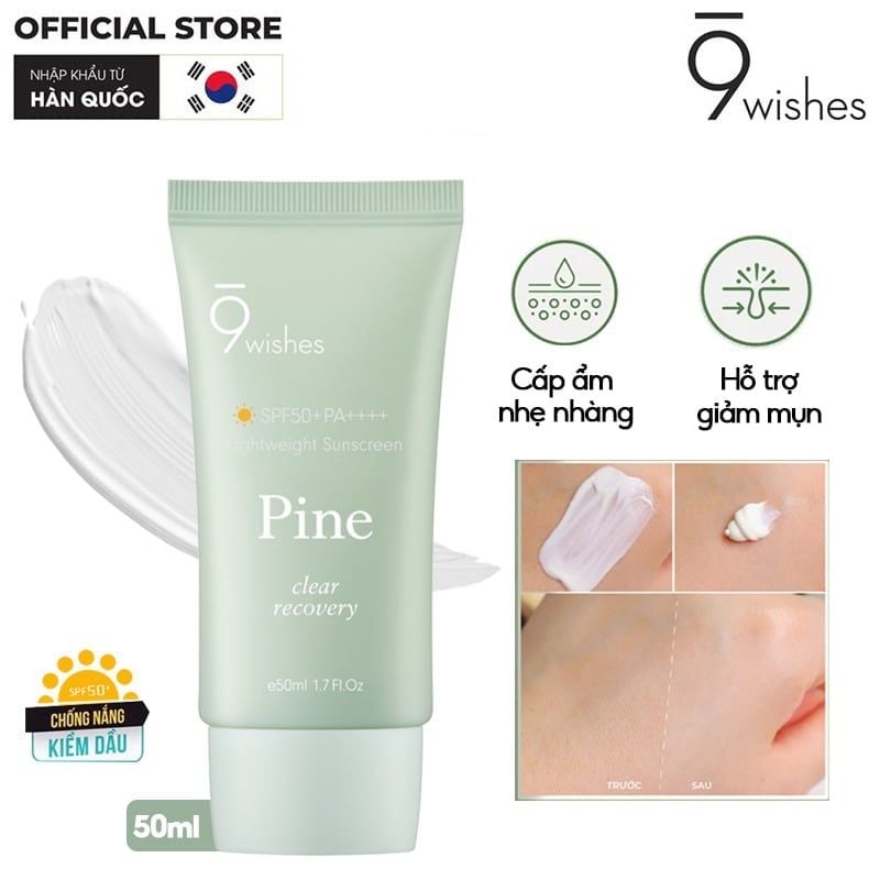 Kem Chống Nắng 9 Wishes Kiềm Dầu, Giảm Mụn Dành Cho Da Dầu Mụn Pine Clear Recovery Treatment Sunscreen SPF50+/PA++++ 50ml