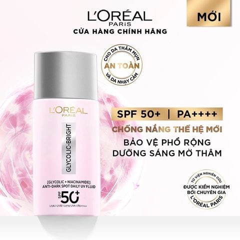 Sữa Chống Nắng Phổ Rộng L'oreal Mỏng Nhẹ, Hỗ Trợ Dưỡng Sáng, Giảm Mờ Thâm Nám Glycolic-Bright Anti-Dark Spot Daily Uv Fluid SPF 50+/PA++++ 50ml