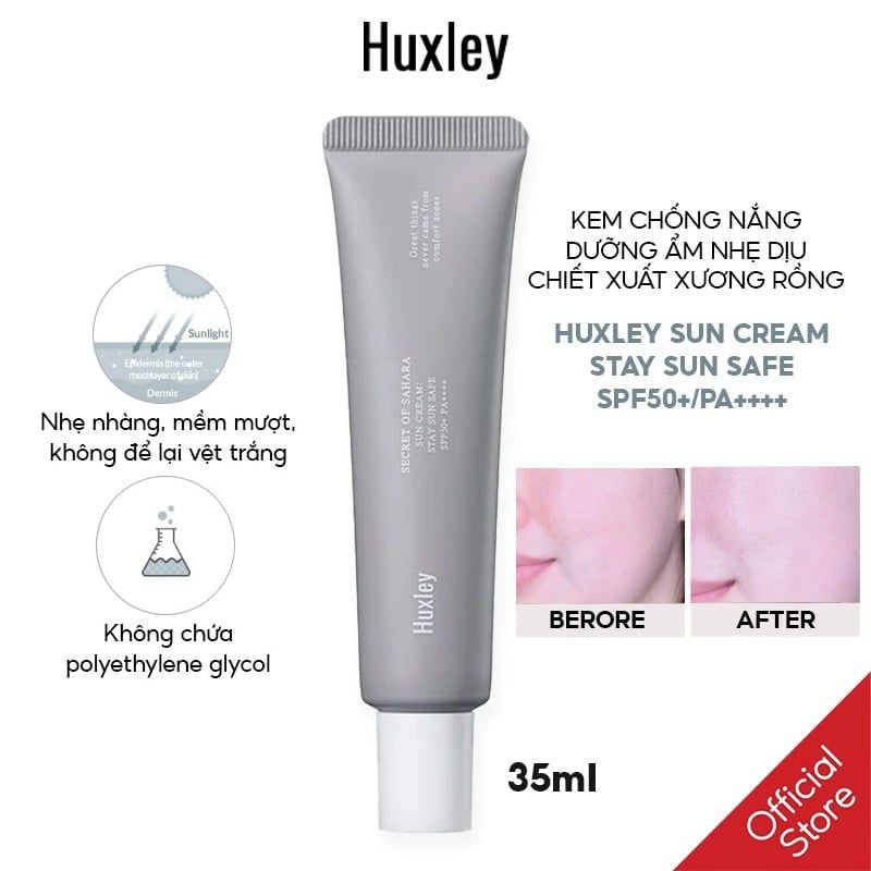 Kem Chống Nắng Huxley Dưỡng Ẩm Nhẹ Dịu Chiết Xuất Xương Rồng Sun Cream Stay Sun Safe SPF50+/PA++++ 35ml